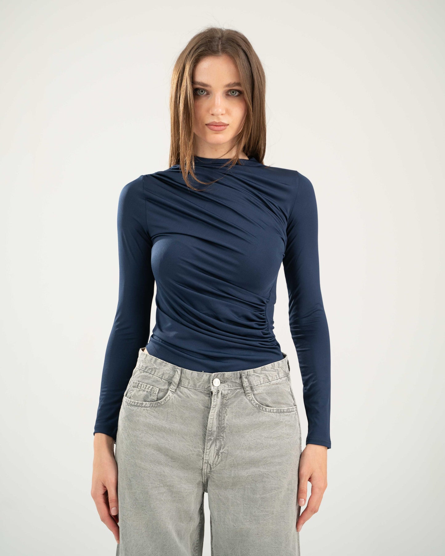 Draped Bodysuit Top - Navy Blue