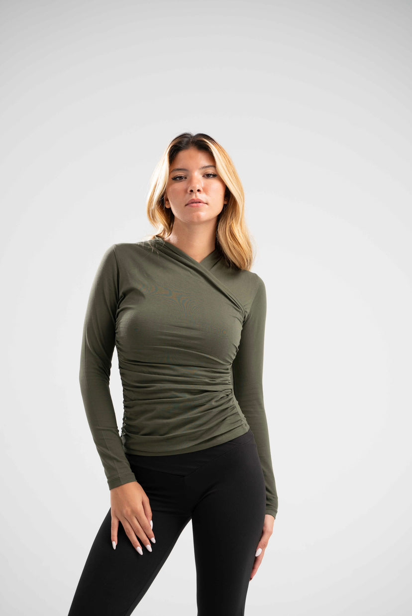 Long Sleeve Draped Cotton Top - Olive Green