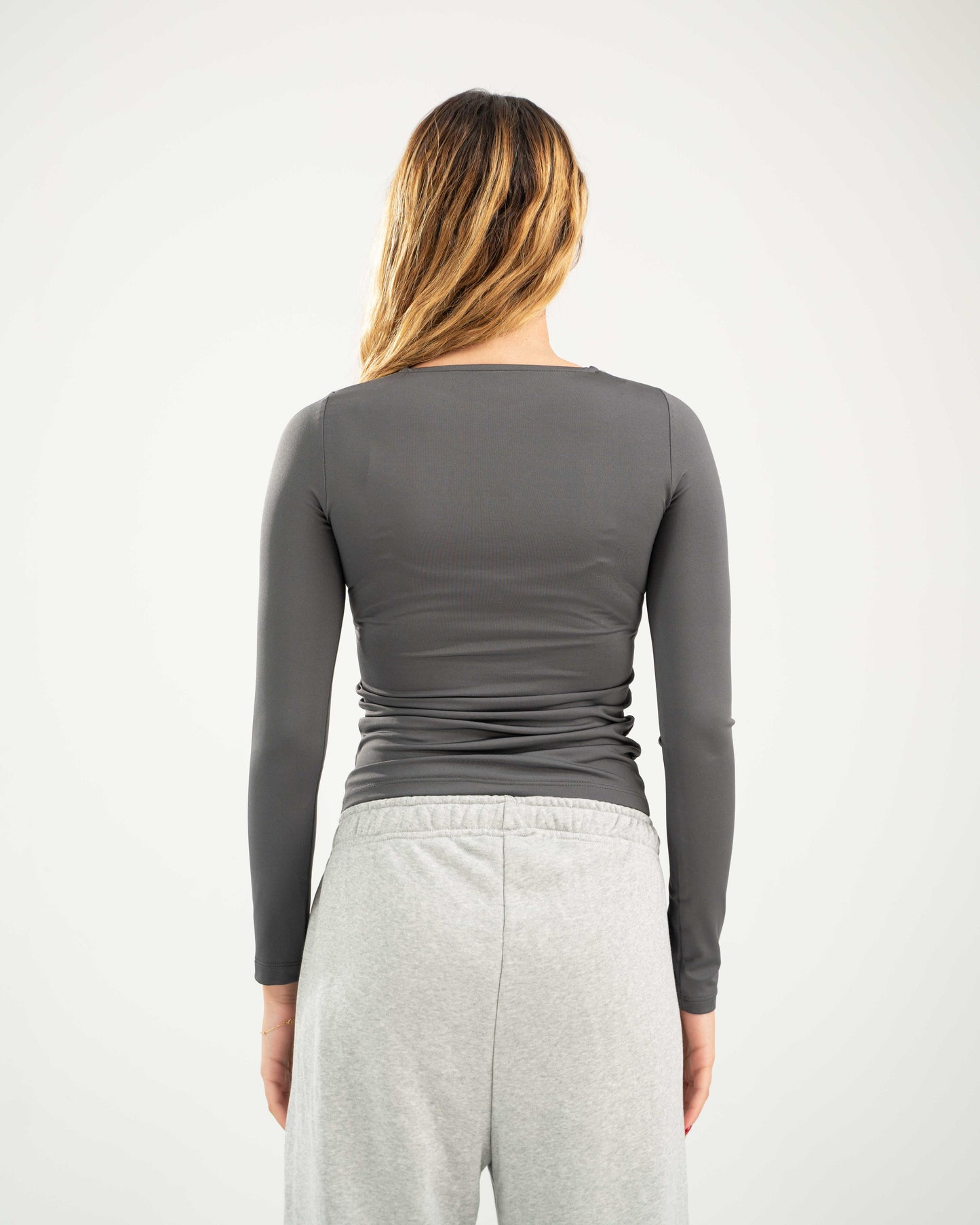 Fitted Long Sleeve Round Neck Top
- Charcoal Grey