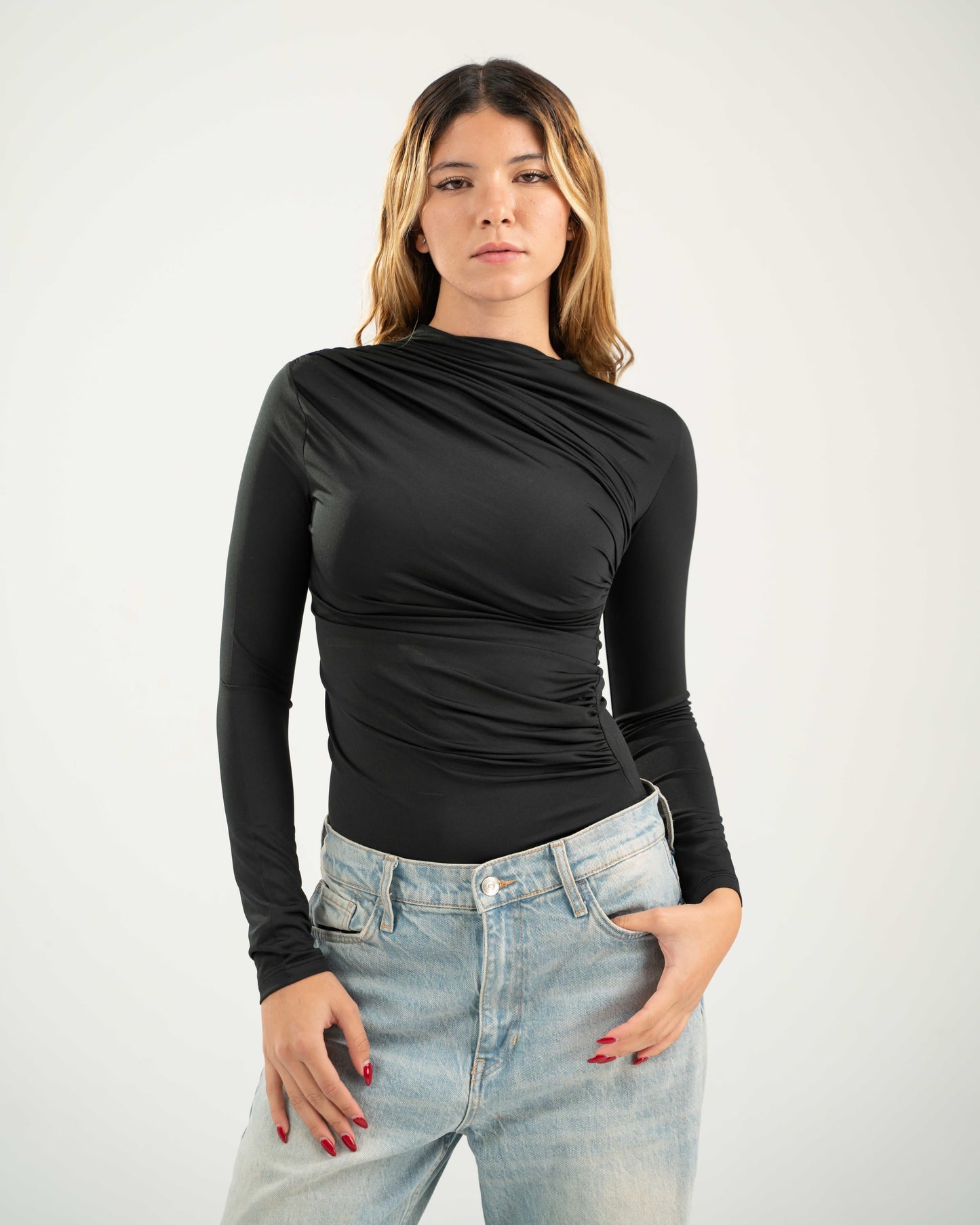 Draped Bodysuit Top - Black