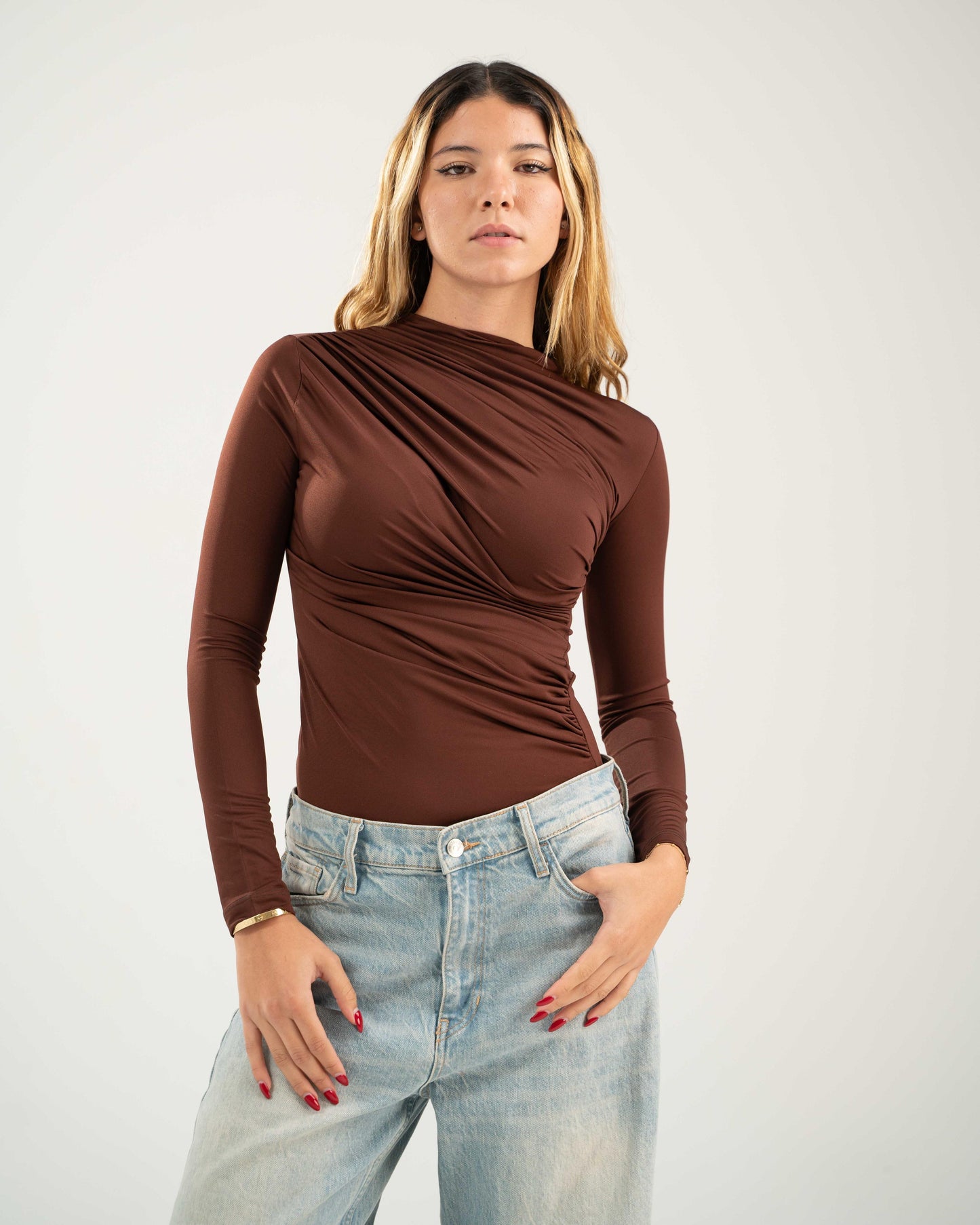 Draped Bodysuit Top - Brown