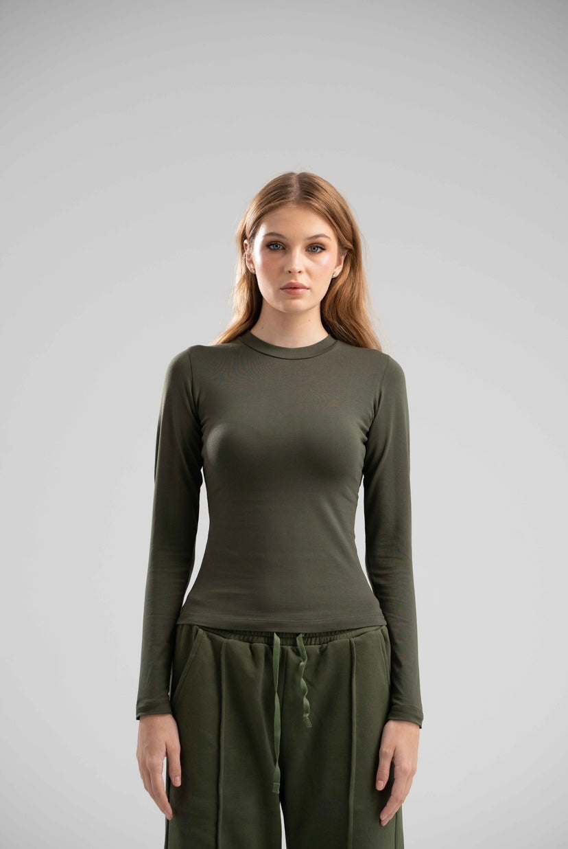 Long Sleeve Basic Cotton Top - Olive Green