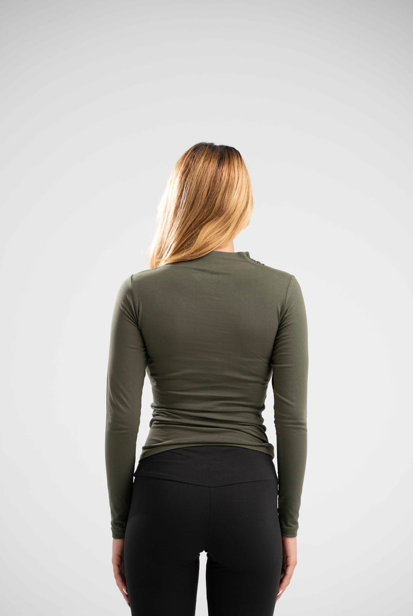 Long Sleeve Draped Cotton Top - Olive Green