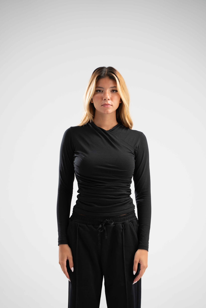 Long Sleeve Draped Cotton Top - Black