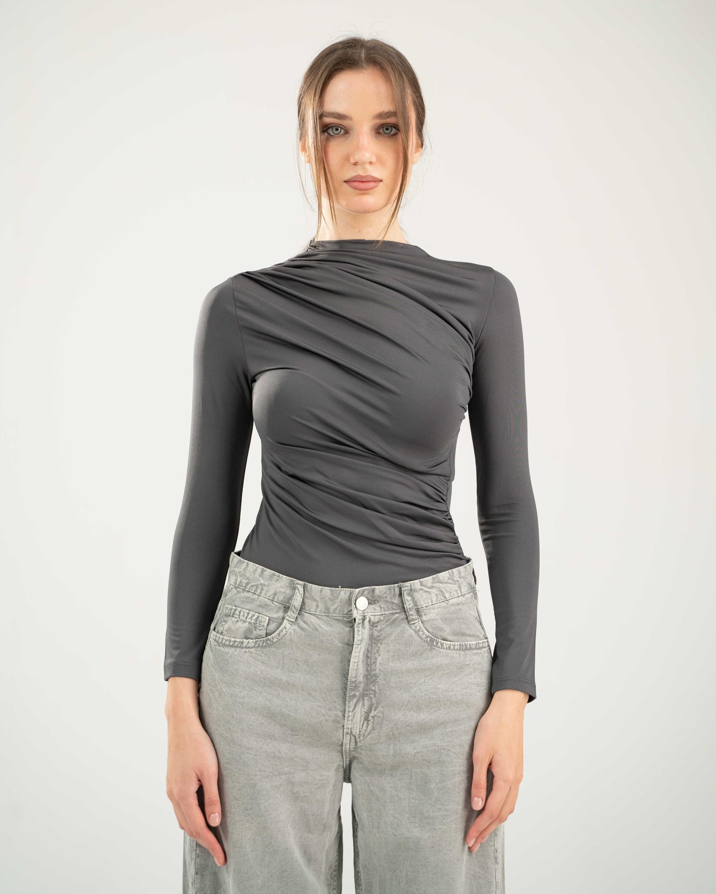 Draped Bodysuit Top - Charcoal Grey