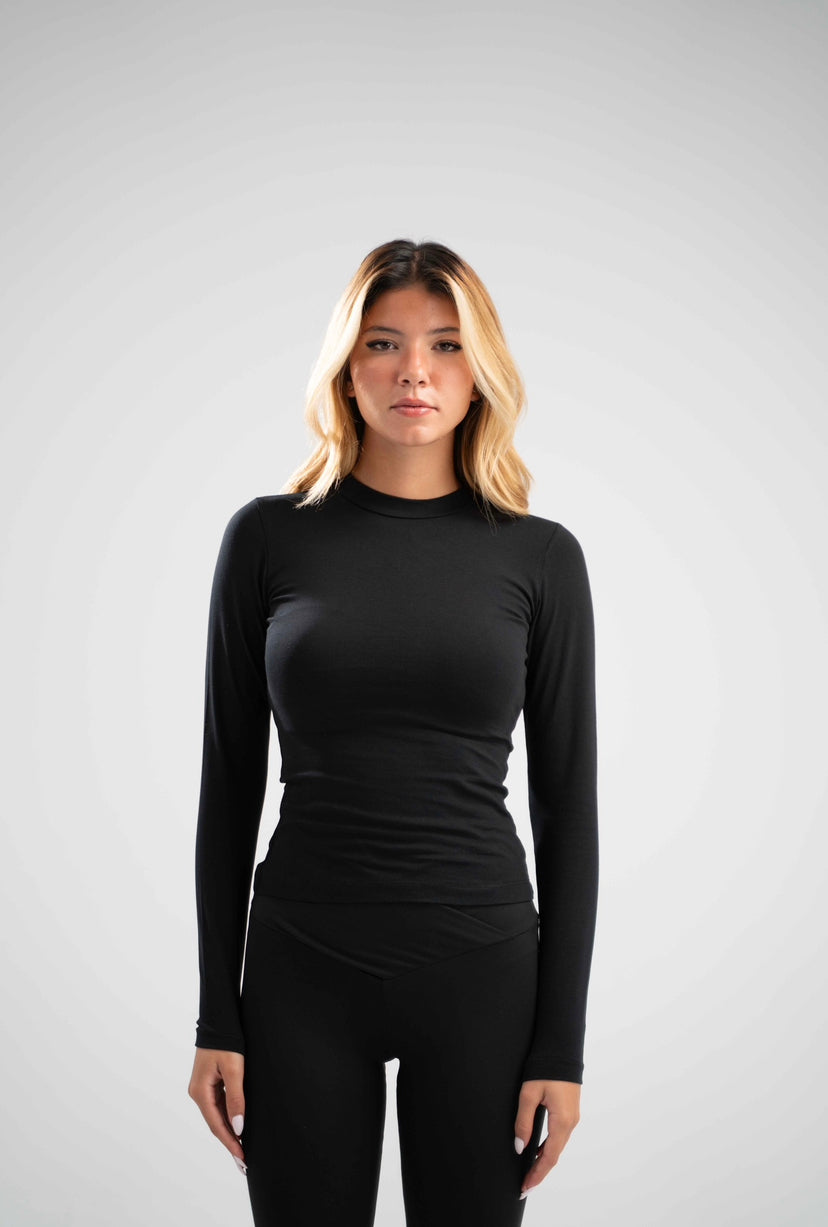 Long Sleeve Basic Cotton Top - Black