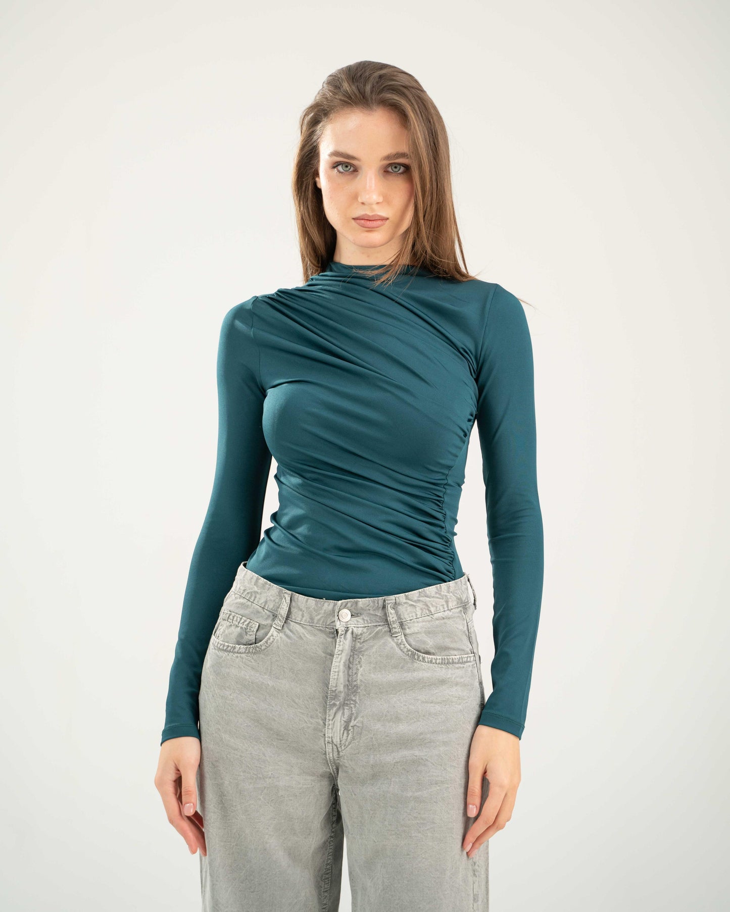 Draped Bodysuit Top - Teal Green