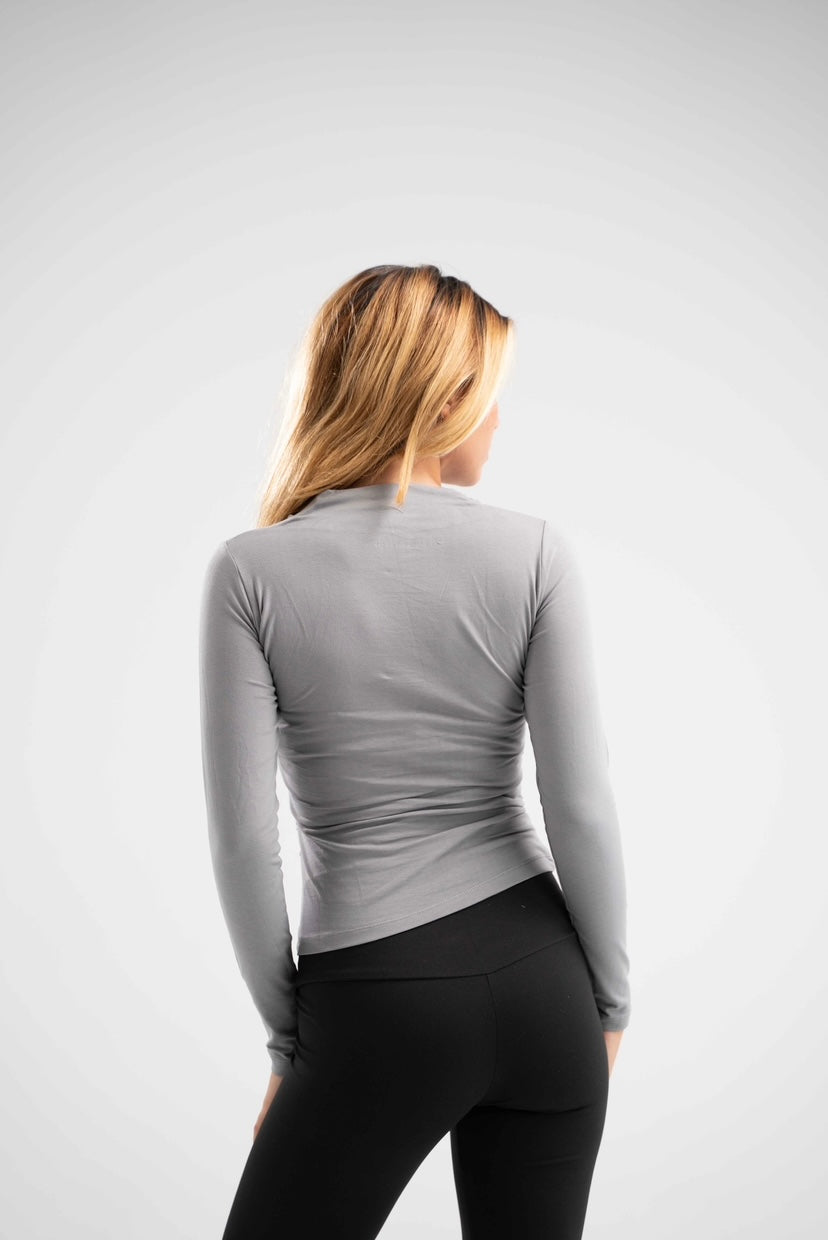 Long Sleeve Draped Cotton Top - Charcoal Grey