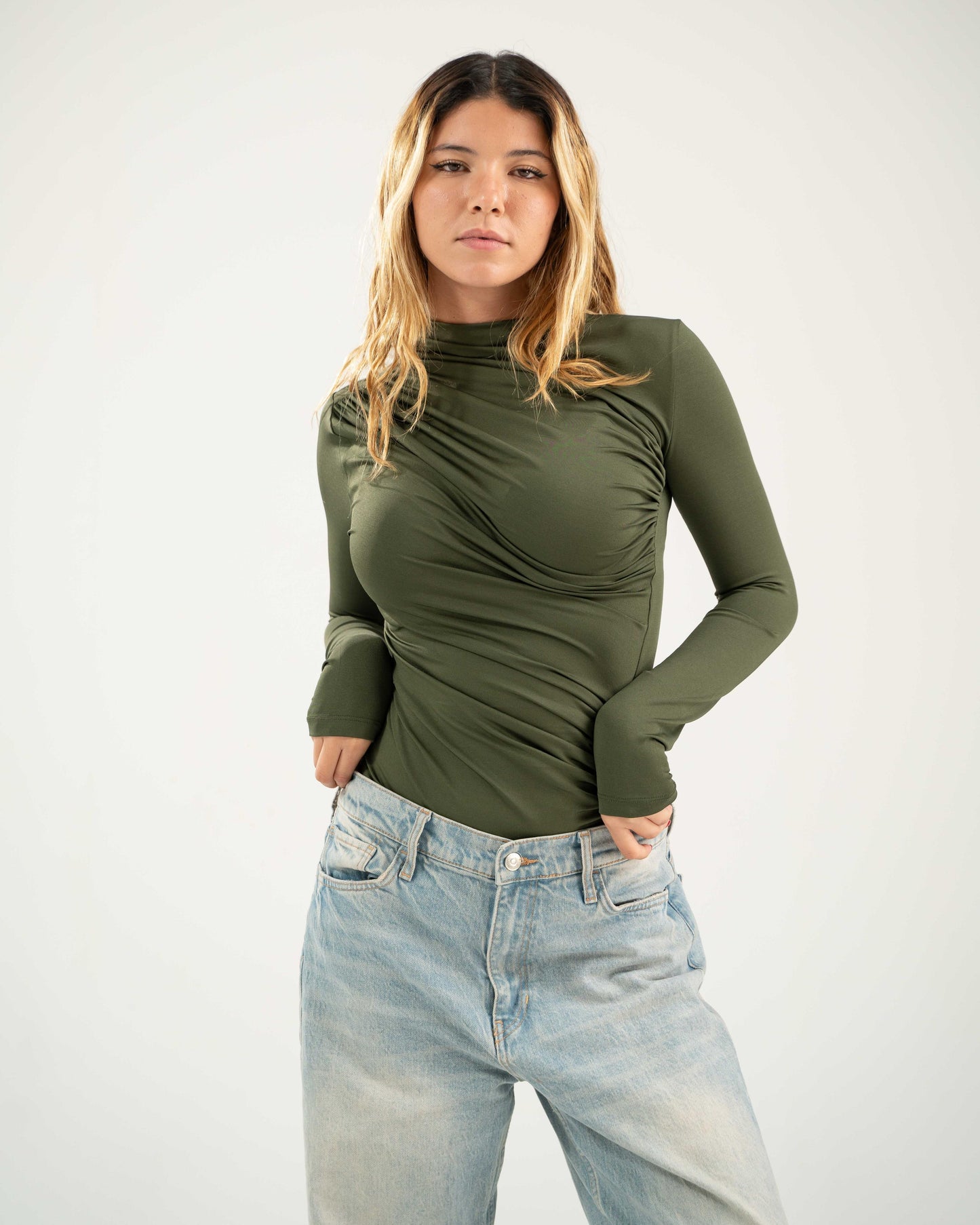 Draped Bodysuit Top - Olive Green