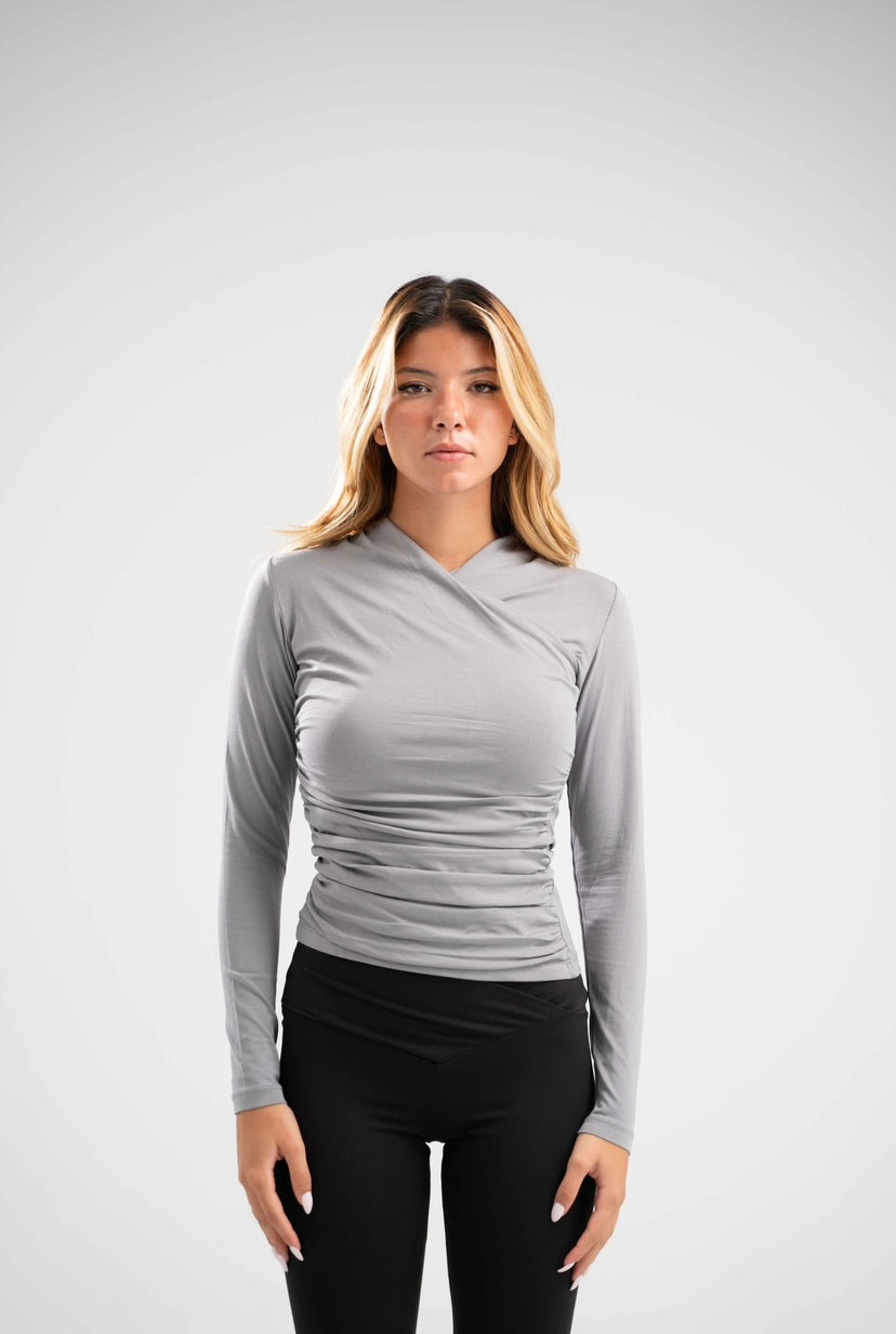 Long Sleeve Draped Cotton Top - Charcoal Grey