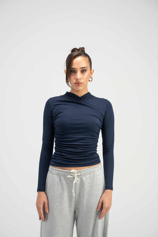 Long Sleeve Draped Cotton Top - Royal Blue