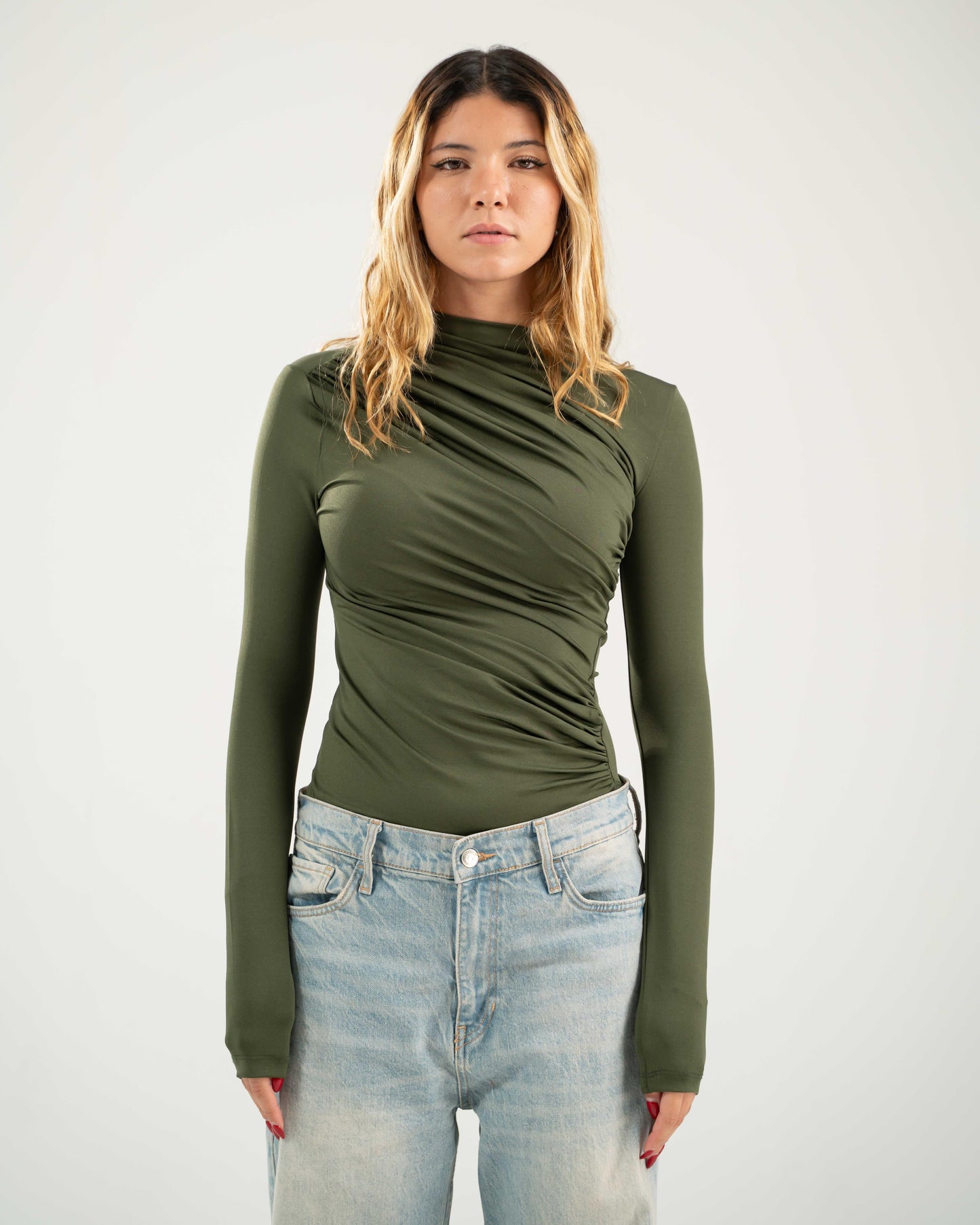 Draped Bodysuit Top - Olive Green