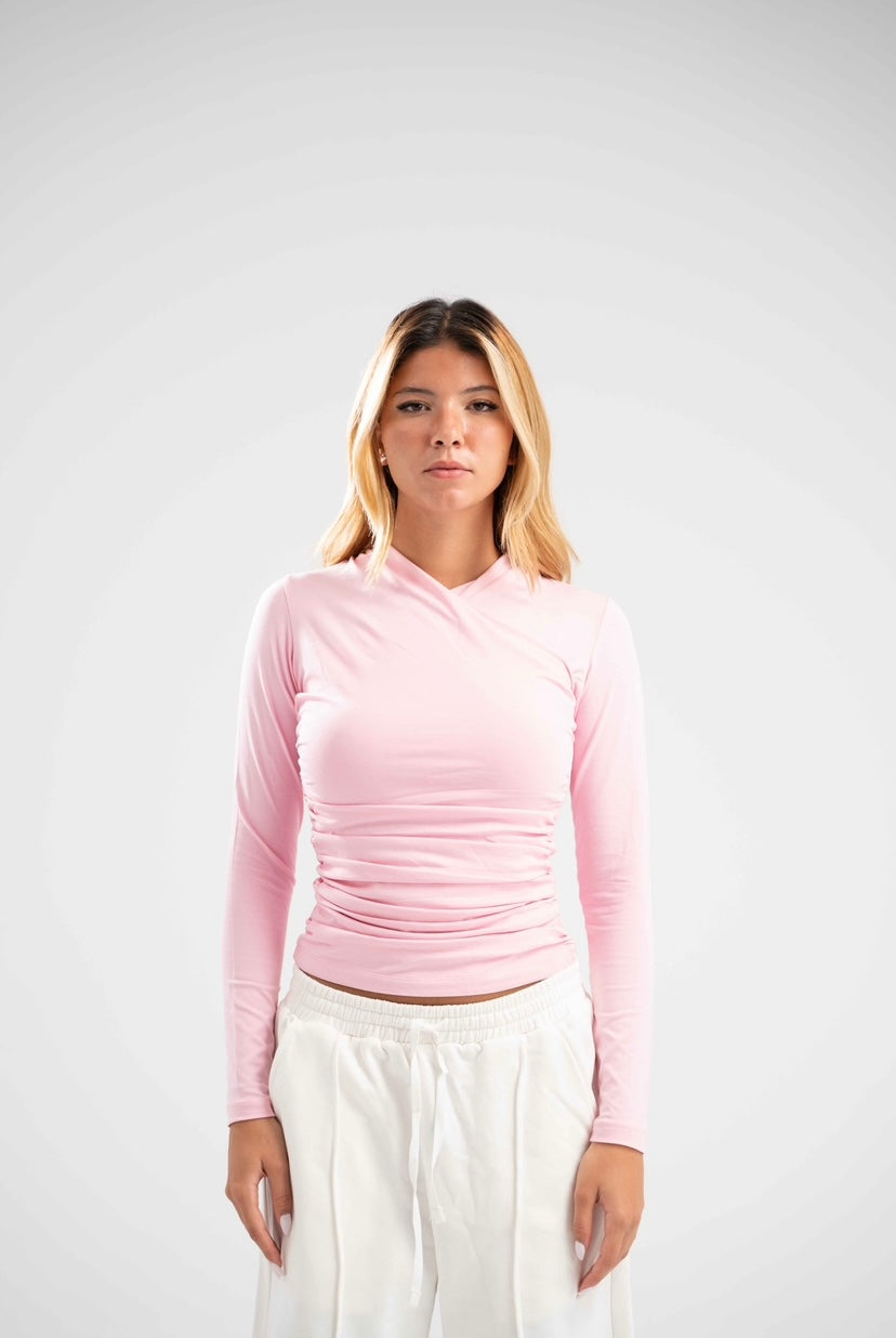 Long Sleeve Draped Cotton Top - Baby Pink